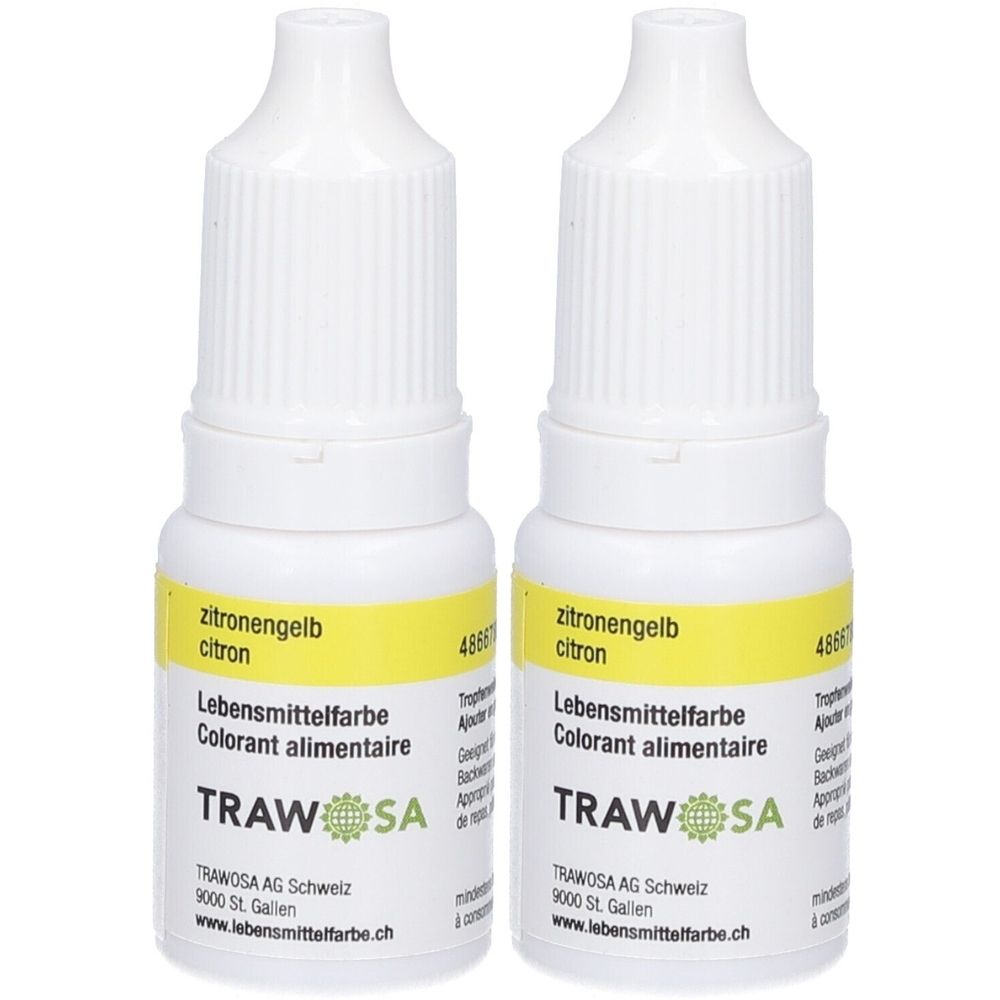 Zwei Flaschen Lebensmittelfarbe. Gelbe Etiketten mit Text: zitronengelb, Colorant alimentaire, TRAWOSA. Weiße Flaschen mit Tropfverschluss.