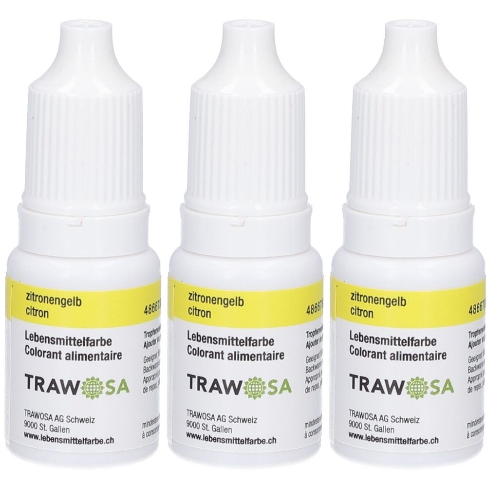 Trois flacons de colorant alimentaire TRAWOSA jaune citron. Flacons blancs avec étiquettes jaunes. Inscription : Lebensmittelfarbe, Colorant alimentaire.