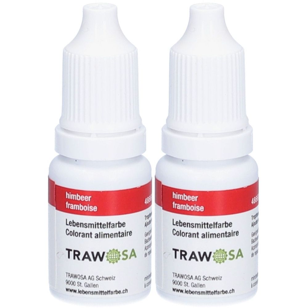 Deux flacons de colorant alimentaire. Flacons blancs avec étiquette rouge. Inscription : himbeer, framboise, Lebensmittelfarbe, Colorant alimentaire. Marque : TRAWOSA.