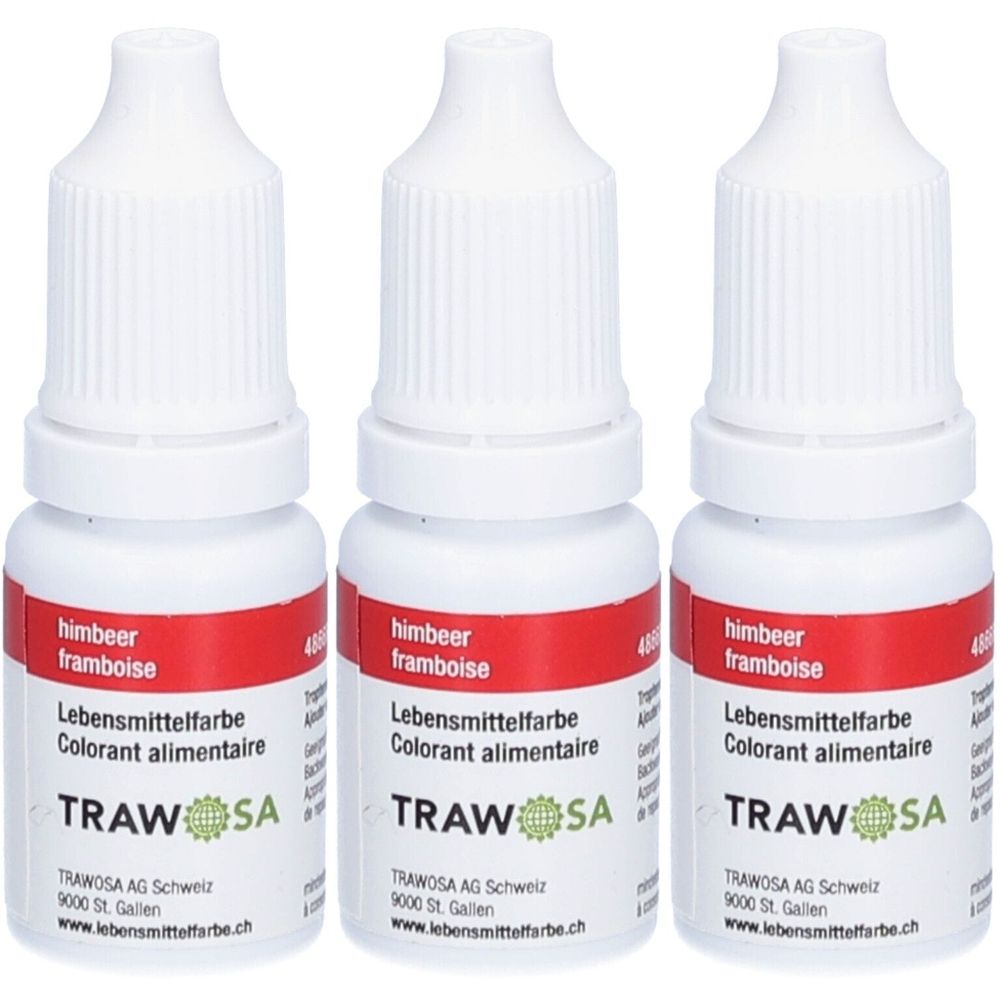 Trois flacons de colorant alimentaire TRAWOSA framboise. Flacons blancs avec bande rouge et bouchon blanc. Inscriptions en allemand et français.