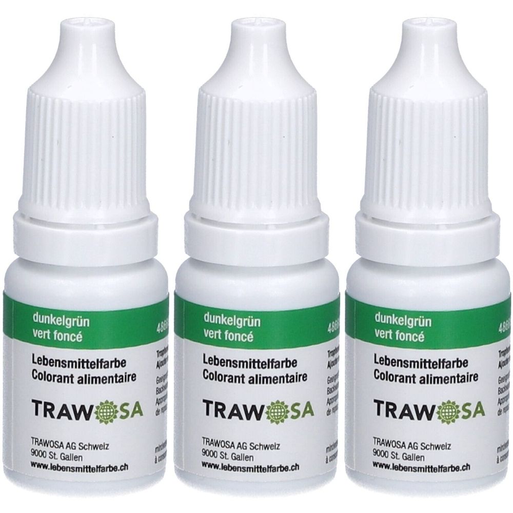 Trois flacons de colorant alimentaire vert foncé. Flacons blancs avec étiquette verte. Inscription : TRAWOSA, vert foncé, Colorant alimentaire.