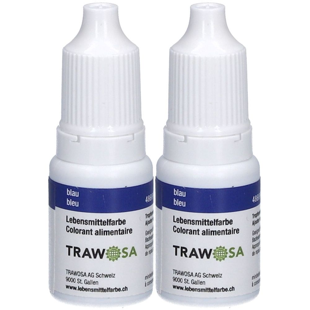 Deux flacons bleus avec bouchons blancs. Inscription: Colorant alimentaire, TRAWOSA. Bande bleue avec texte en allemand et français.