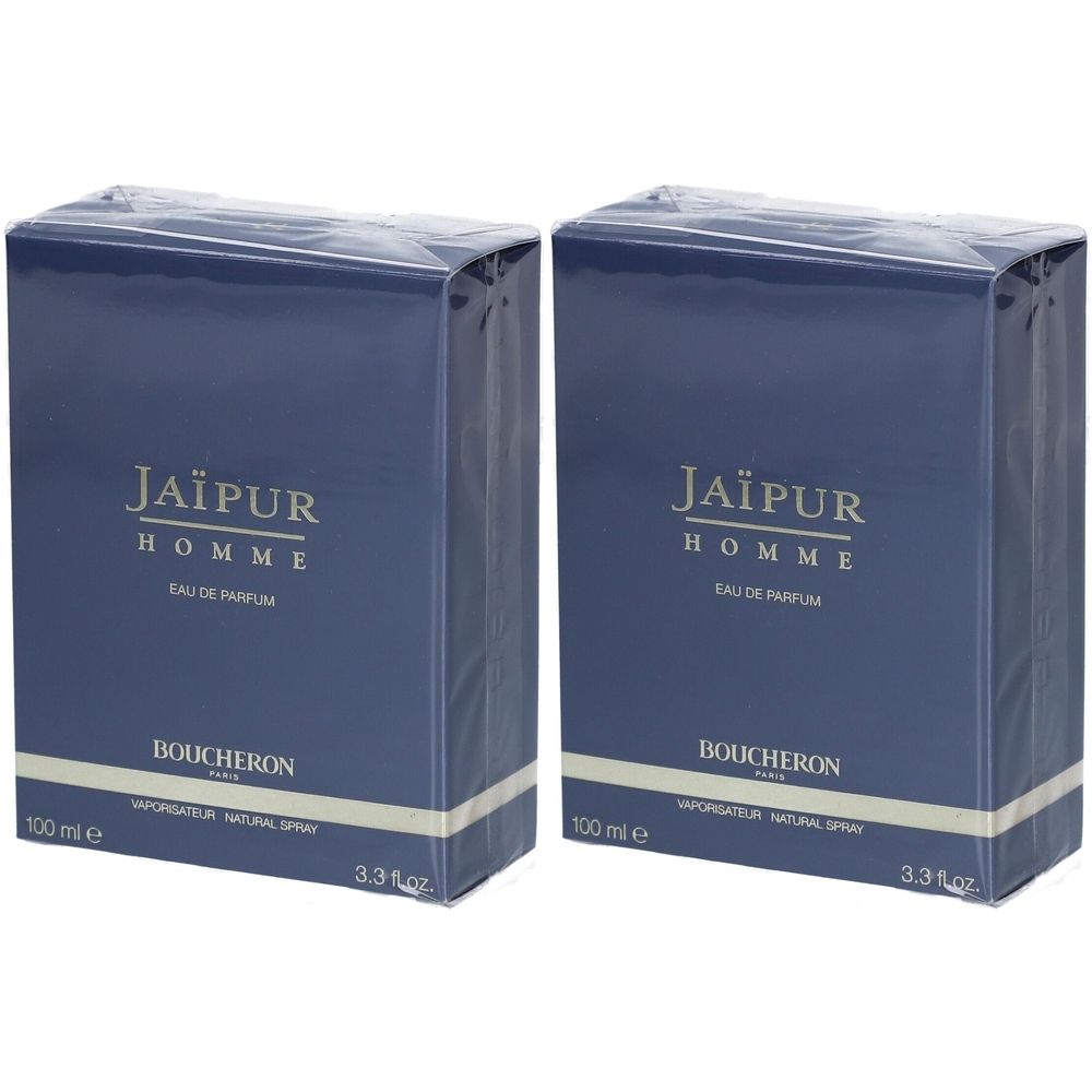 Deux boîtes bleues rectangulaires. Inscription: Jaïpur Homme Eau de Parfum, Boucheron. Emballées sous film plastique.