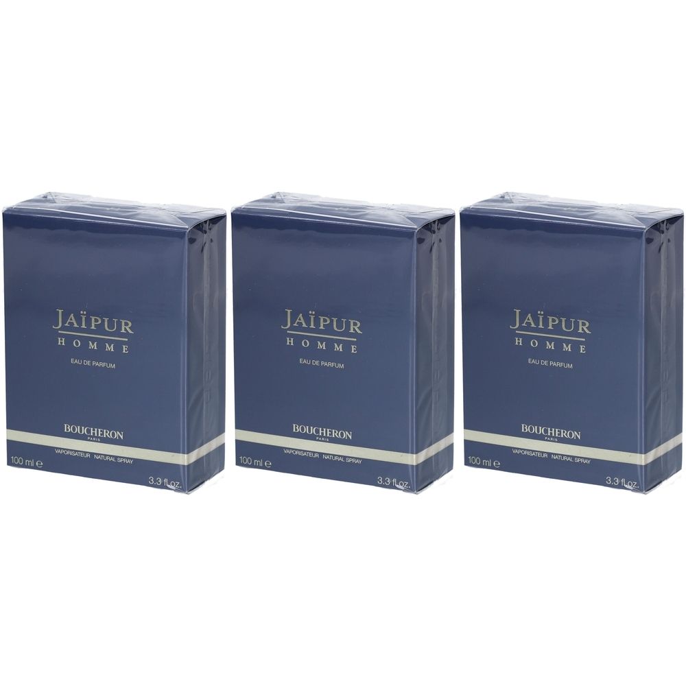 Drei blaue Parfumkartons. Aufschrift: Jaïpur Homme Eau de Parfum, Boucheron. Verpackt in Folie.