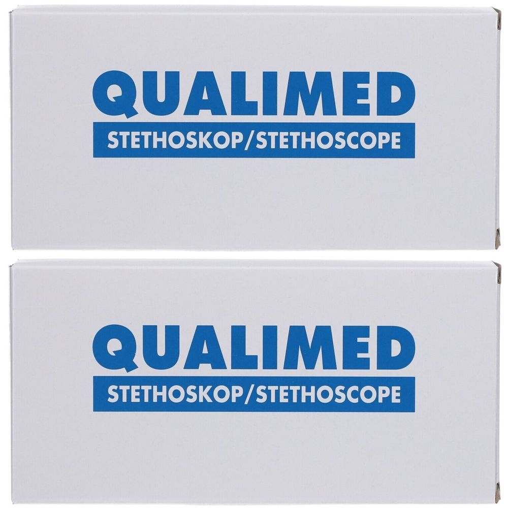 Zwei weiße Kartons mit blauem QUALIMED-Schriftzug und darunter STETHOSKOP/STETHOSCOPE.