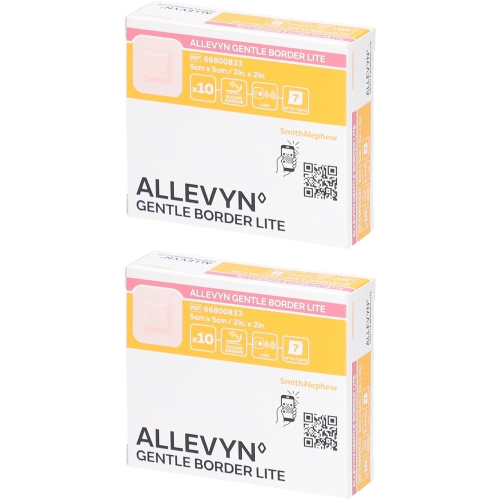 Deux boîtes de Allevyn Gentle Border Lite. Boîtes blanches avec des accents roses et jaunes. Texte: Allevyn Gentle Border Lite.