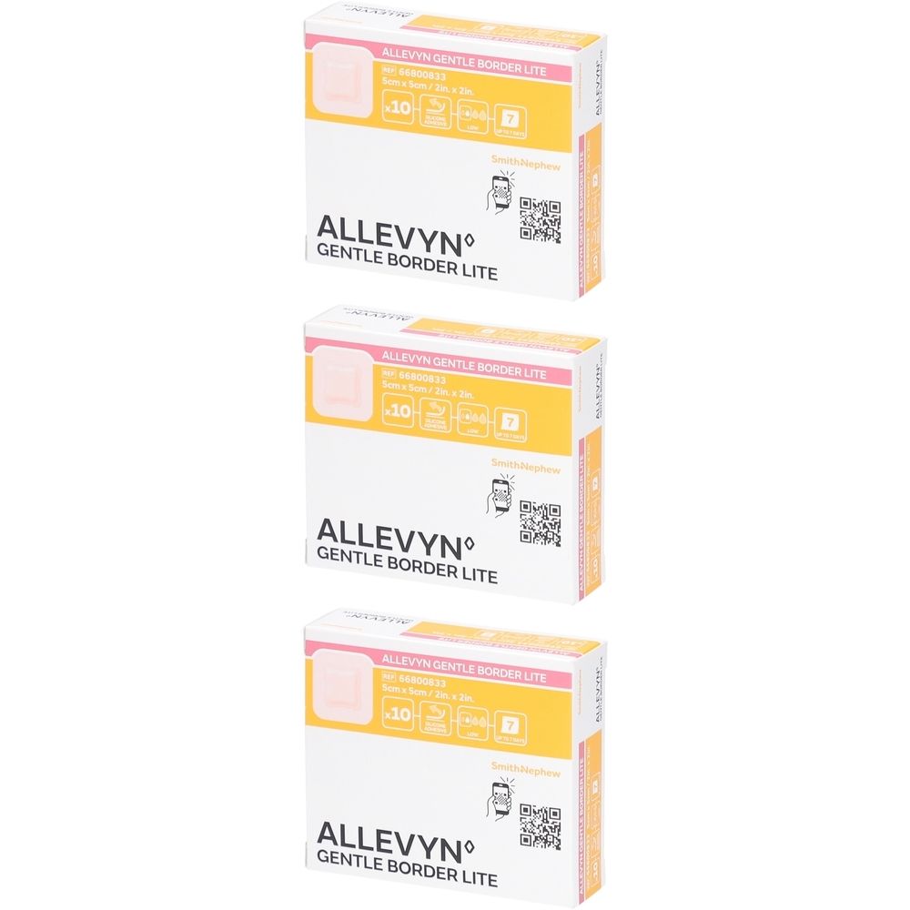 Trois boîtes de ALLEVYN GENTLE BORDER LITE. Chaque boîte contient 10 pansements. Inscriptions : 5 x 5 cm, code QR.