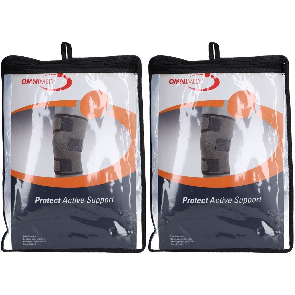 Deux genouillères dans des sacs transparents. Inscription: OMNIMED, Protect Active Support. Sacs noirs zippés avec poignée.