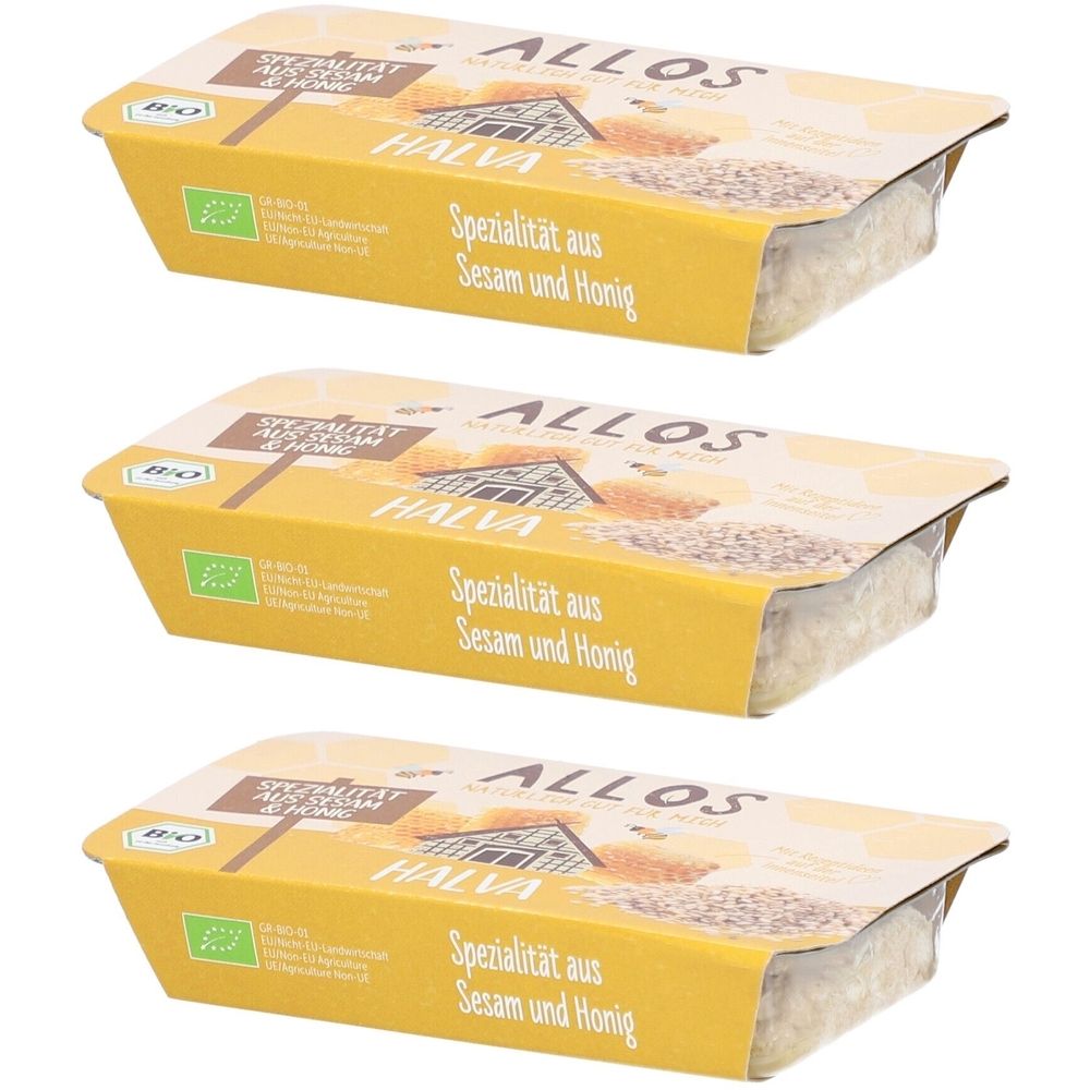 Drei Packungen Halva mit Sesam und Honig. Gelbe Verpackung mit Produktnamen und Bio-Siegel. Klare Sicht auf das Produkt.