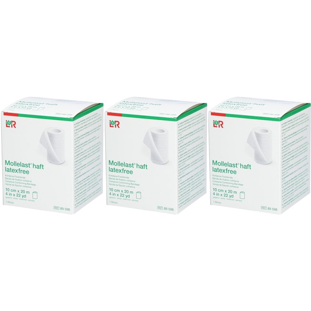 Trois boîtes blanches avec des accents verts. Impression : Mollelast haft latexfree, 10 cm x 20 m. Une bobine de bandage est visible.