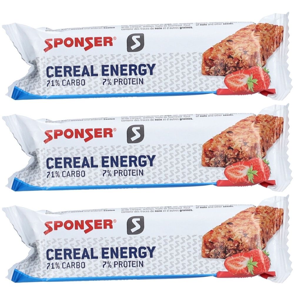Trois barres emballées. Inscription: SPONSER Cereal Energy, 71% Carbo, 7% Protein. Illustration de fraises et d'une barre.