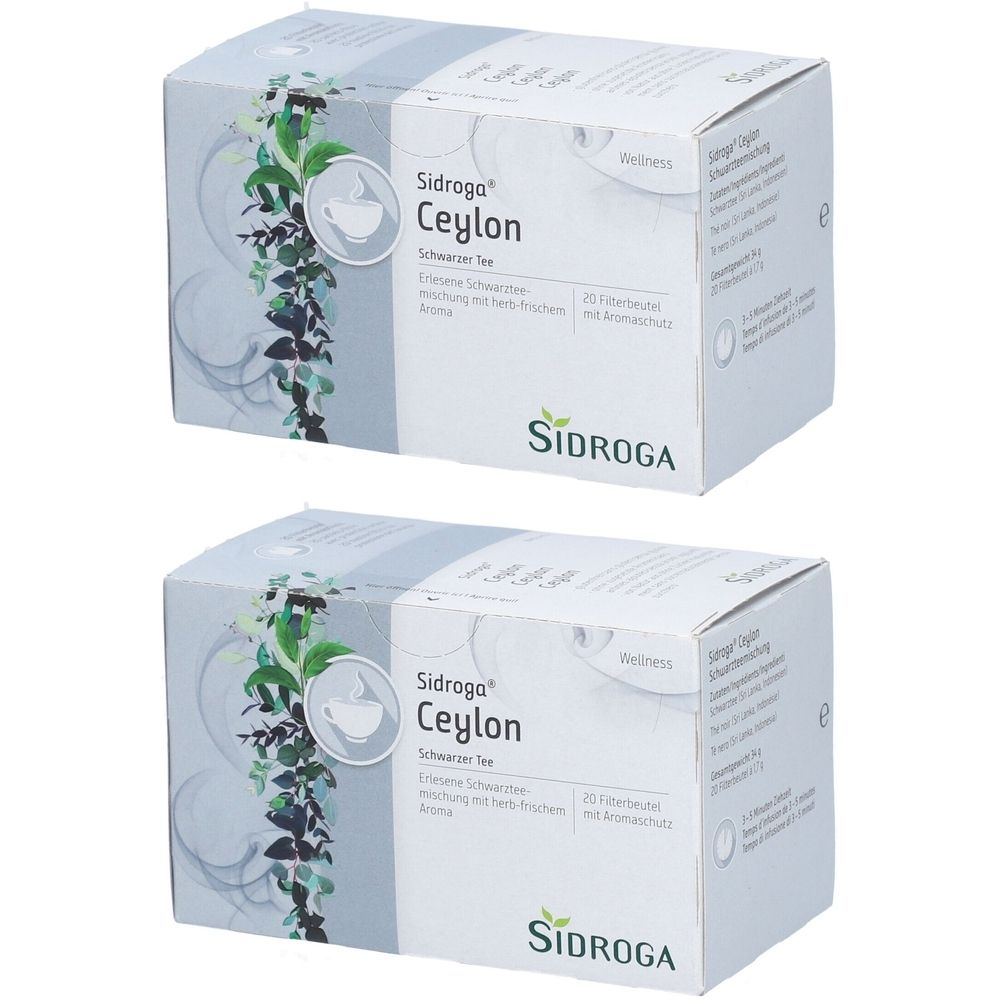 Zwei Schachteln Sidroga Ceylon Tee. Weiße Verpackung mit floralem Muster und Produktinformationen. Logo Sidroga.