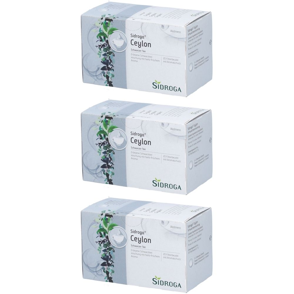Drei weiße Kartons mit der Aufschrift "Sidroga Ceylon". Jeder Karton zeigt ein grünes Design und Produktinformationen.