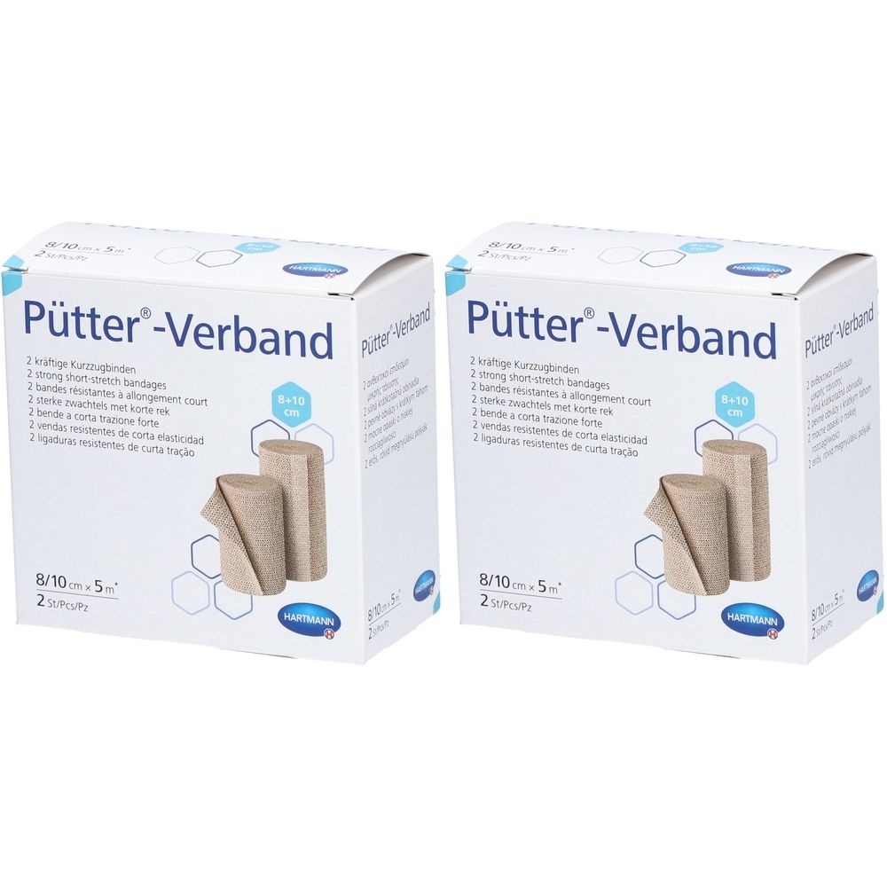 Zwei Kartons mit Pütter-Verband. Aufschrift: 8/10 cm x 5 m. Gezeigt sind gerollte Bandagen. Hartmann Logo.