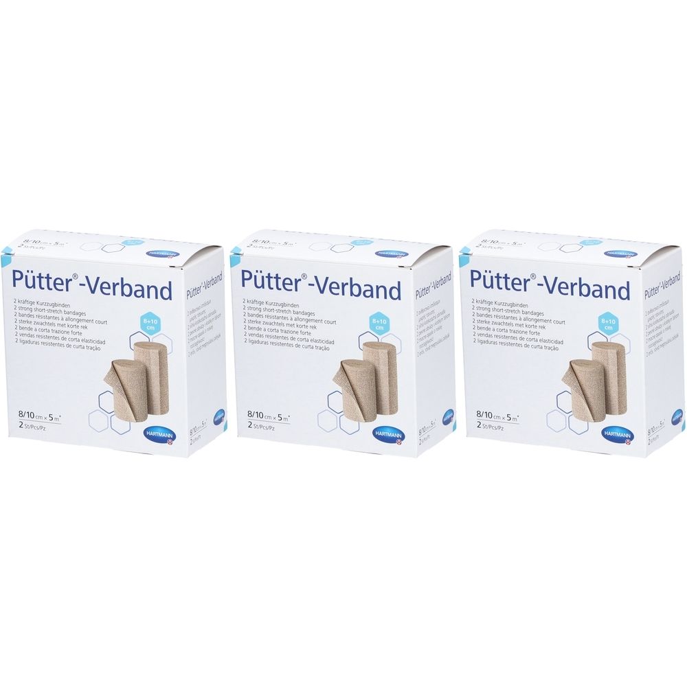 Drei Kartons mit Pütter-Verband. Aufdrucke: 8/10 cm x 5 m, 2 Stück. Beige Kompressionsbinde. Blaue und weiße Verpackung mit Produktnamen.