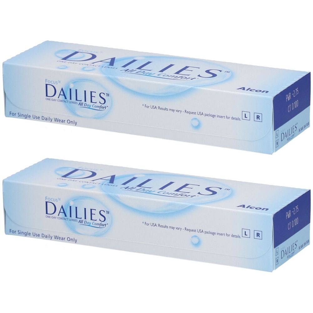 Deux boîtes de lentilles journalières FOCUS DAILIES. Emballage bleu et blanc avec nom du produit et logo Alcon. -2.75 dpt.