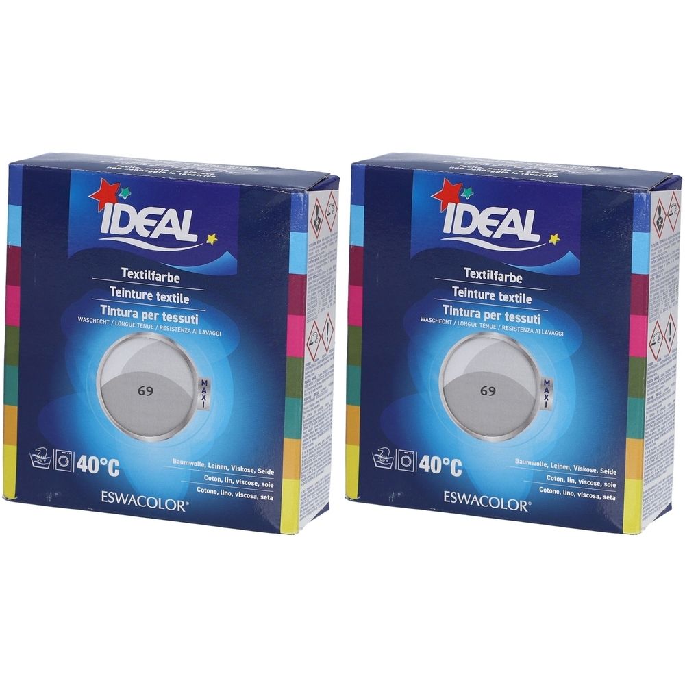 Zwei Kartons Textilfarbe. Aufschrift IDEAL, Textilfarbe, Teinture textile, Tintura per tessuti. Perlgraue Farbnummer 69. Waschsymbol 40°C.
