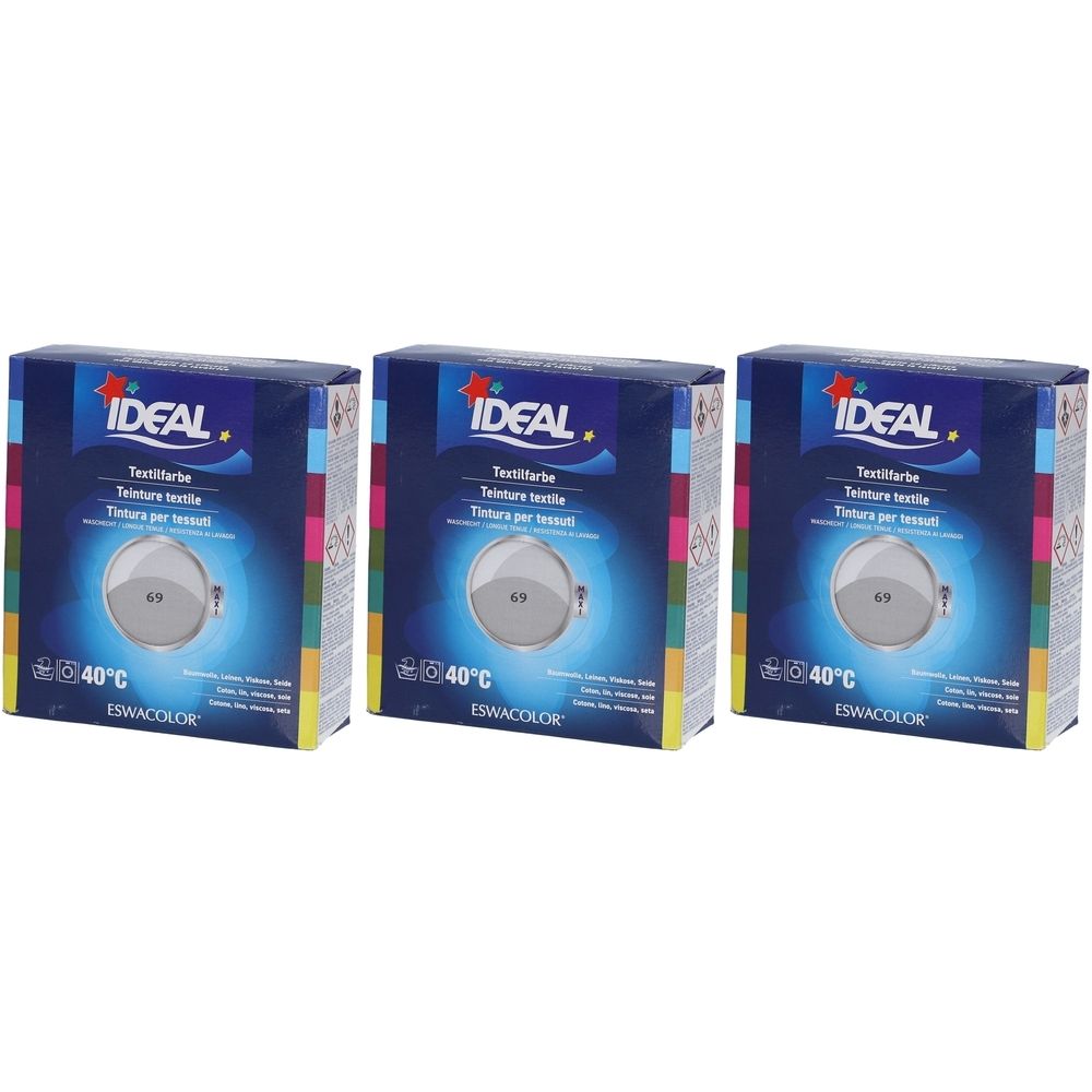 Drei Kartons Textilfarbe. Blaue Verpackung mit Logo IDEAL, Text und Farbkreis. Temperaturangabe 40°C. Marke ESWACOLOR.