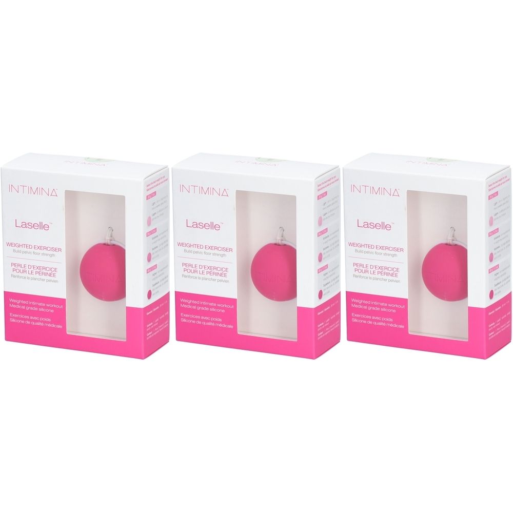 Trois boîtes avec des boules roses. Chaque boîte porte le nom "INTIMINA Laselle". Les boules sont présentées dans une boîte avec fenêtre.