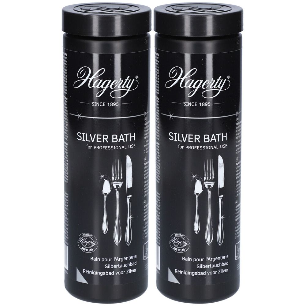 Zwei schwarze zylindrische Behälter. Aufschrift: Hagerty, Silver Bath für Profis. Abbildung von Besteck. Text in Französisch, Deutsch und Niederländisch.