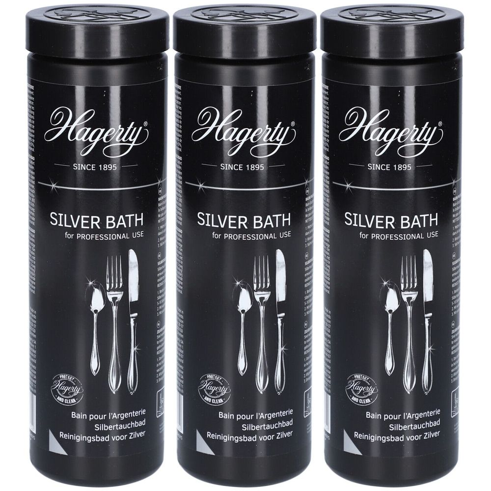 Drei schwarze zylindrische Behälter. Aufschrift: Hagerty SILVER BATH für professionelle Anwendung. Abbildung von Besteck.