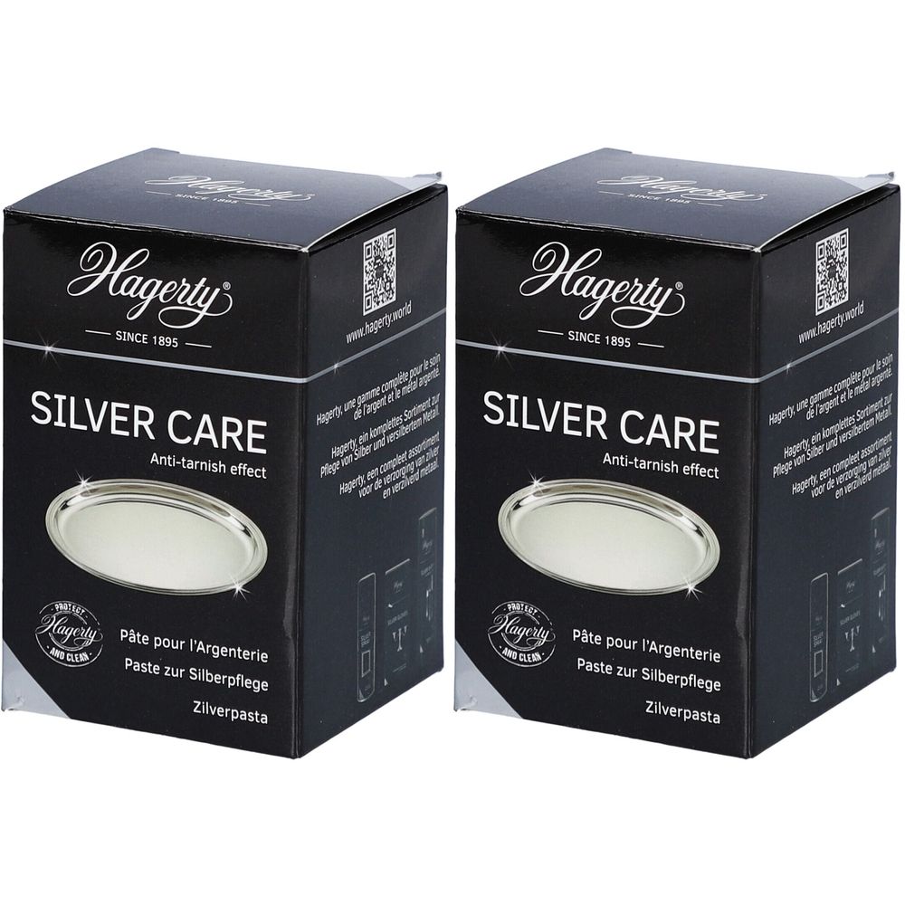 Zwei schwarze Kartons mit Hagerty Silver Care. Aufschrift: SILVER CARE, Anti-Anlauf-Effekt. Enthält Silberpflegepaste.