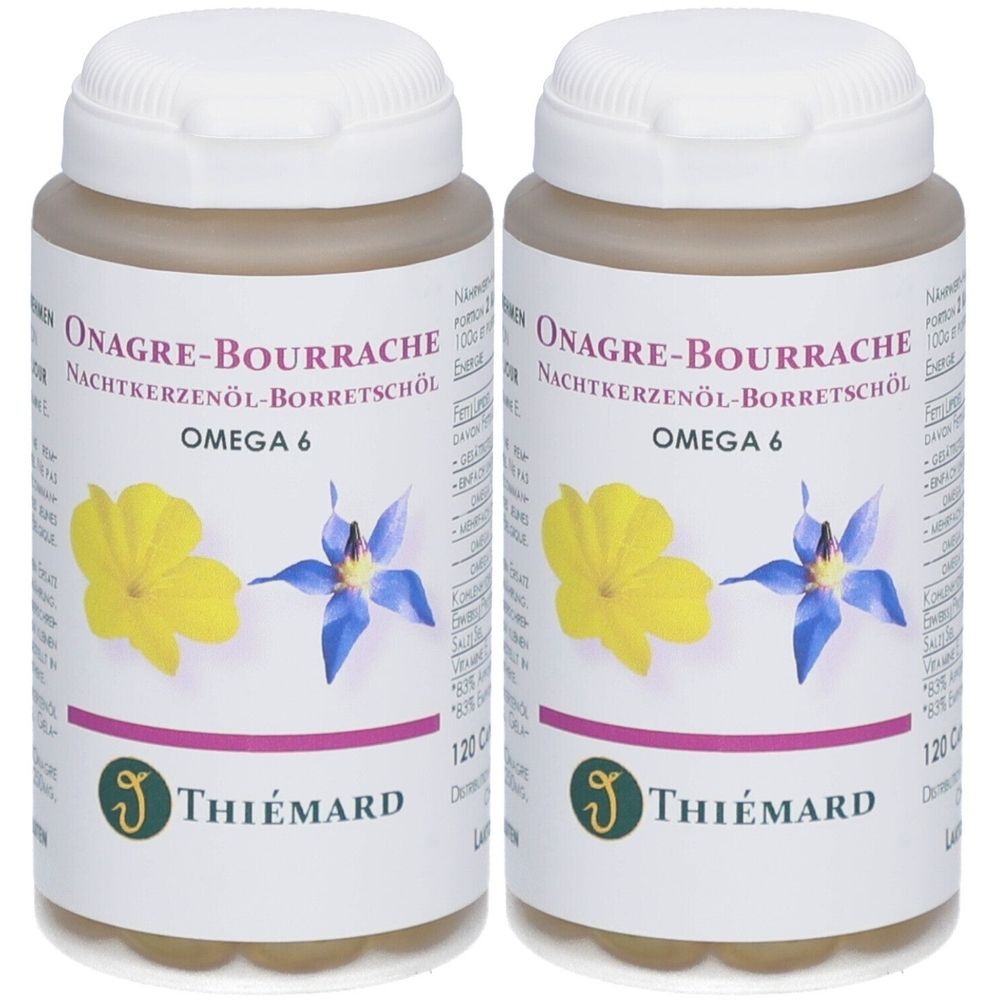 Zwei Flaschen mit weißen Deckeln. Aufschrift: Onagre-Bourrache, Nachtkerzenöl-Borretschöl, Omega 6. Marke: THIÉMARD.