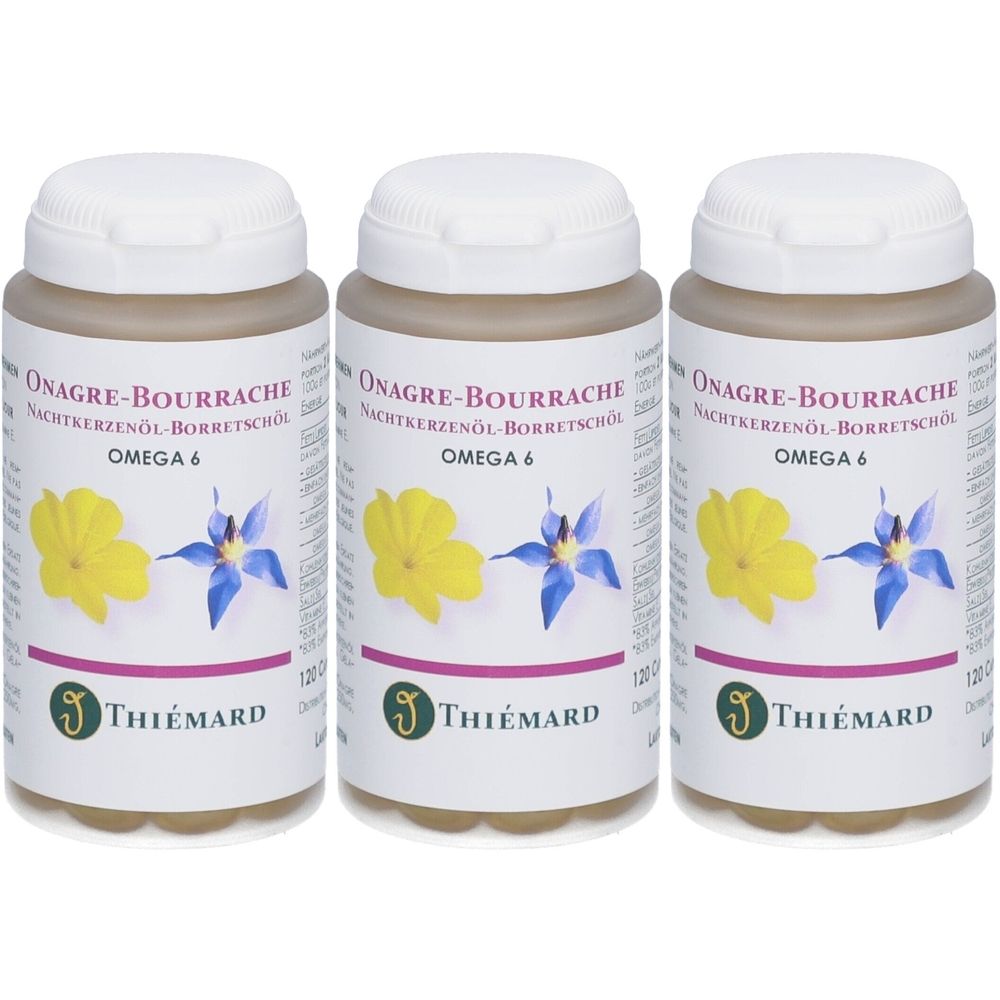 Drei weiße Flaschen mit Schraubverschluss. Aufschrift: Onagre-Bourrache, Nachtkerzenöl-Borretschöl, Omega 6. Marke: THIÉMARD.