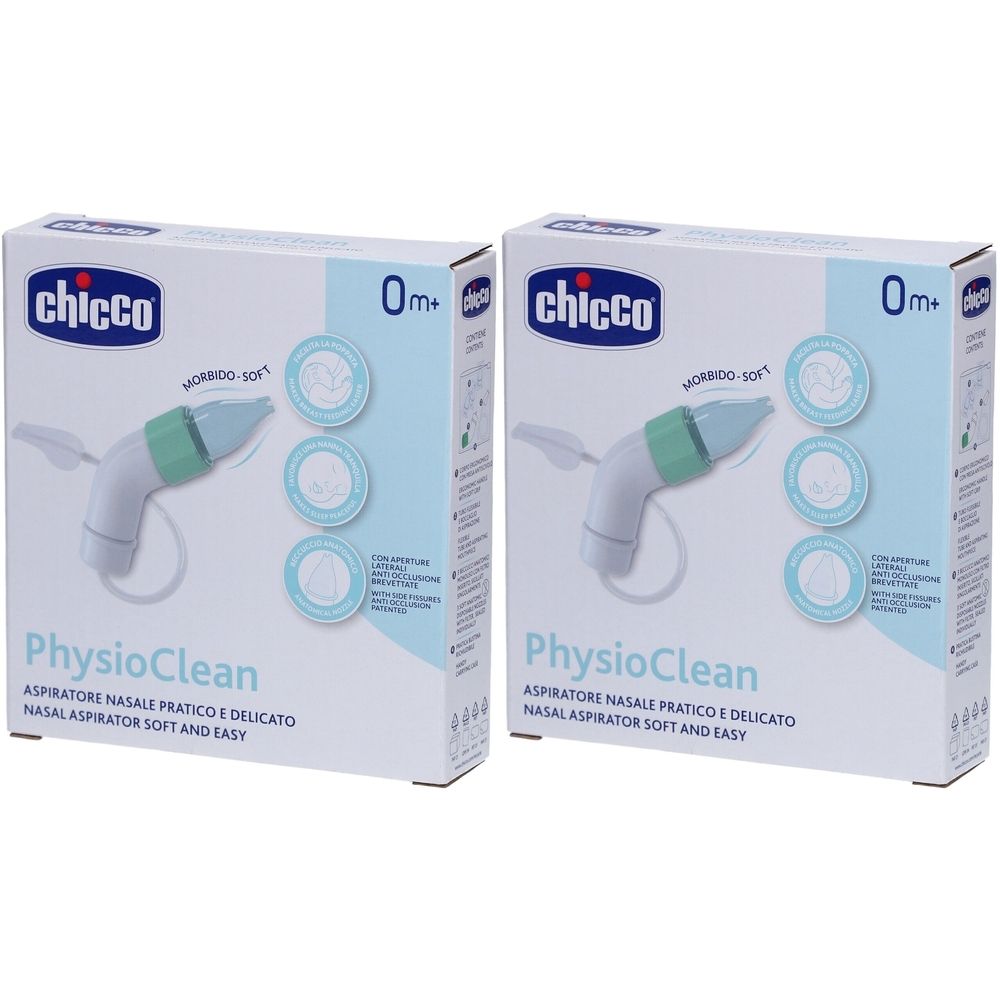Zwei Packungen des Nasensaugers. Auf der Verpackung steht "chicco" und "PhysioClean". Der Nasensauger ist für Babys ab 0 Monaten geeignet.
