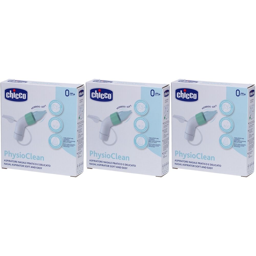 Drei Packungen CHICCO Physioclean Nasensauger. Verpackung mit Produktabbildung, Text und Logo. Altersempfehlung: 0m+.