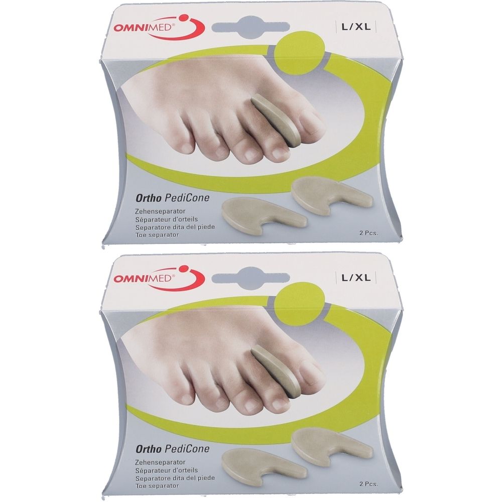 Zwei Packungen OMNIMED Ortho PediCone Zehenseparatoren L/XL. Jede Packung zeigt einen Fuß mit Zehenspreizer und zwei weitere Separatoren.