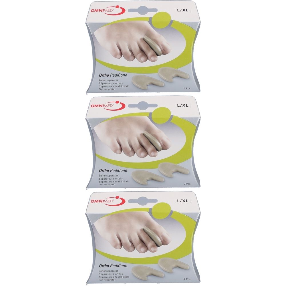 Trois emballages de séparateurs d'orteils OMNIMED® Ortho PediCone L/XL. Chaque emballage montre un modèle de pied et deux séparateurs. Nom du produit sur l'emballage.