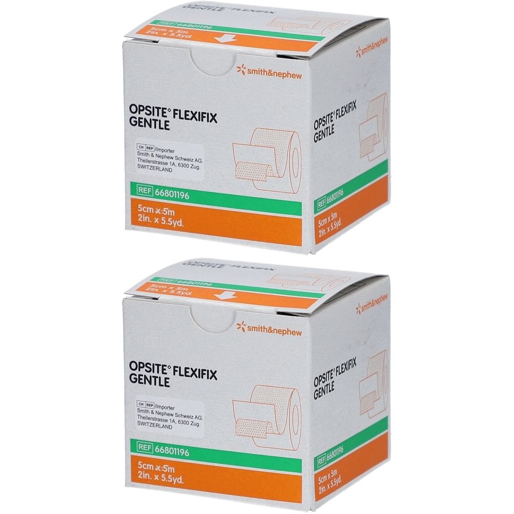 Zwei Kartons mit Smith&Nephew Opsite Flexifix Gentle. Aufdruck: 5 cm x 5 m. Logo und Produktbezeichnung deutlich sichtbar.