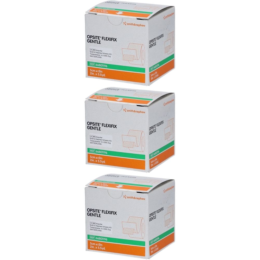 Drei Kartons Opsite Flexifix Gentle. Aufdruck: 5 cm x 5 m. Grün-weiße Verpackung mit Produktabbildung und Logo.