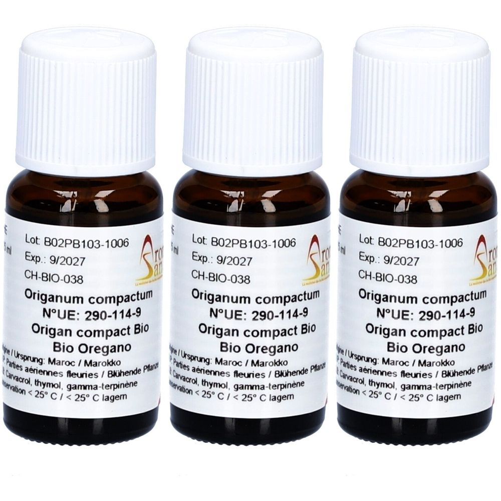 Trois petites bouteilles en verre brun avec des bouchons blancs. Inscription: Origanum compactum Bio Oregano.