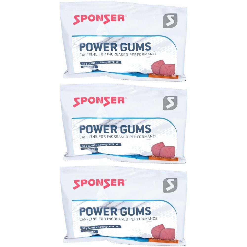 Trois sachets de SPONSER Power Gums. Inscription : Power Gums, caféine pour une performance accrue. Illustration de bonbons gélifiés roses.