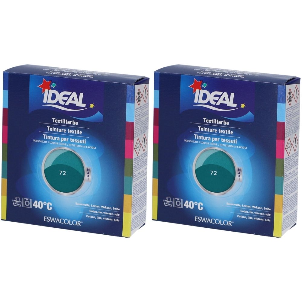 Zwei Kartons Textilfarbe. Aufschrift IDEAL, Textilfarbe, 72. Emerald-Farbe. Waschbar bis 40°C. ESWACOLOR.