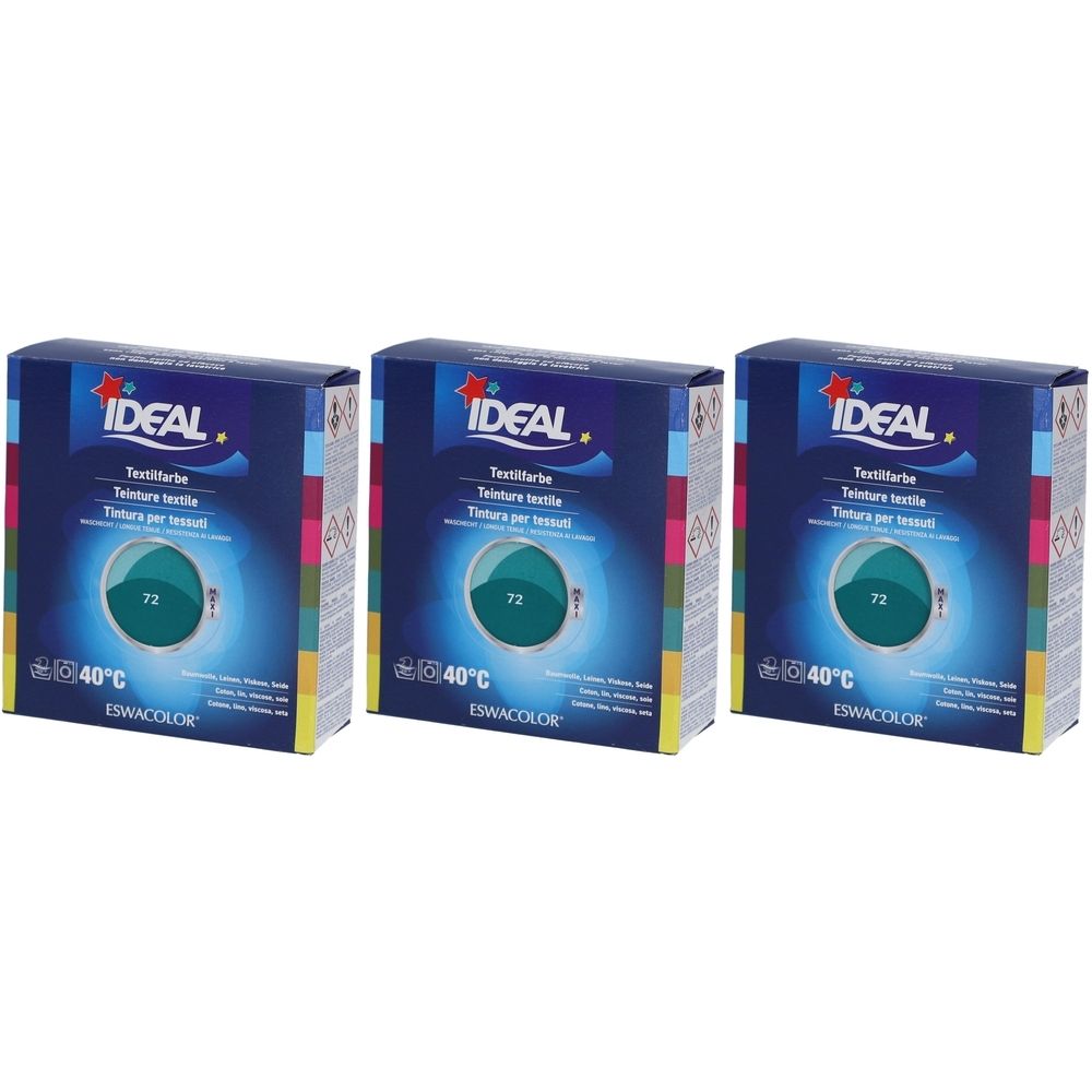 Drei Schachteln Textilfarbe. Auf jeder Schachtel steht IDEAL, Textilfarbe, 72 und 40°C. Die Farbe ist smaragdgrün.