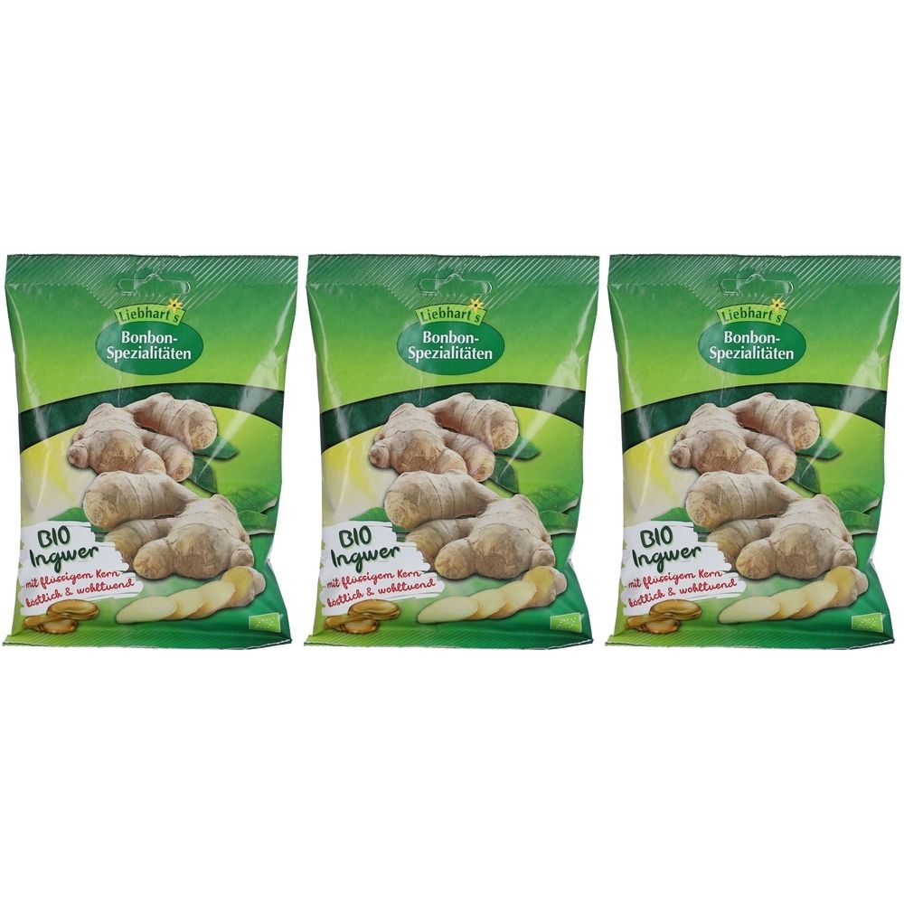 Trois sachets verts de spécialités de bonbons. Chaque sachet présente de gingembre. Texte: BIO Ingwer, avec un cœur liquide, délicieux et bénéfique.