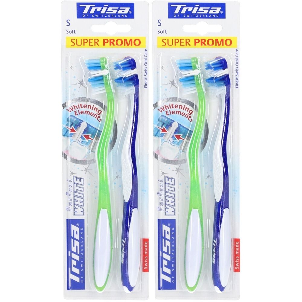 Deux brosses à dents sous blister. Manches verts et bleus, soies bleues. Inscription : Trisa, Perfect White, Super Promo.