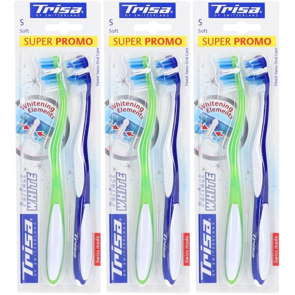 Trois emballages de brosses à dents. Chaque emballage contient deux brosses à dents. Marque Trisa. Inscription : Perfect White, Swiss made.