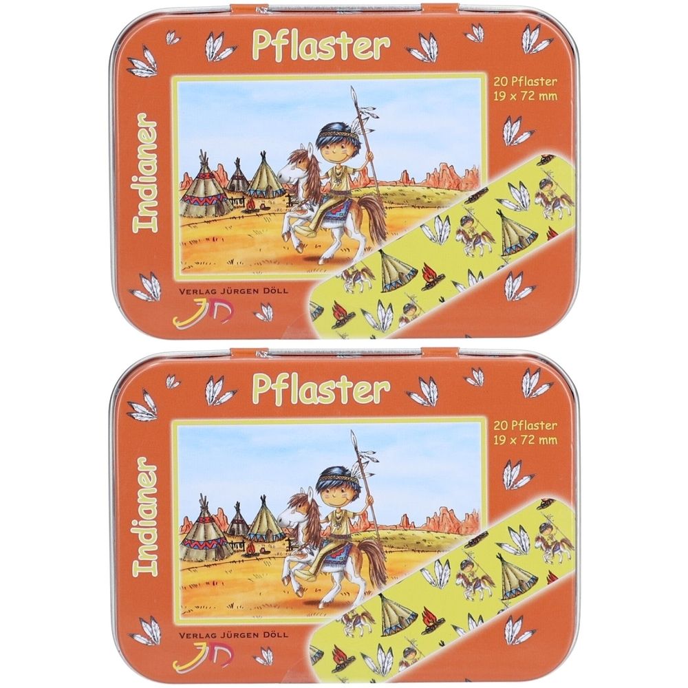 Zwei orangefarbene Metalldosen mit Pflastern. Aufschrift "Indianer" und "Pflaster". Jede Dose enthält 20 Pflaster, 19 x 72 mm.