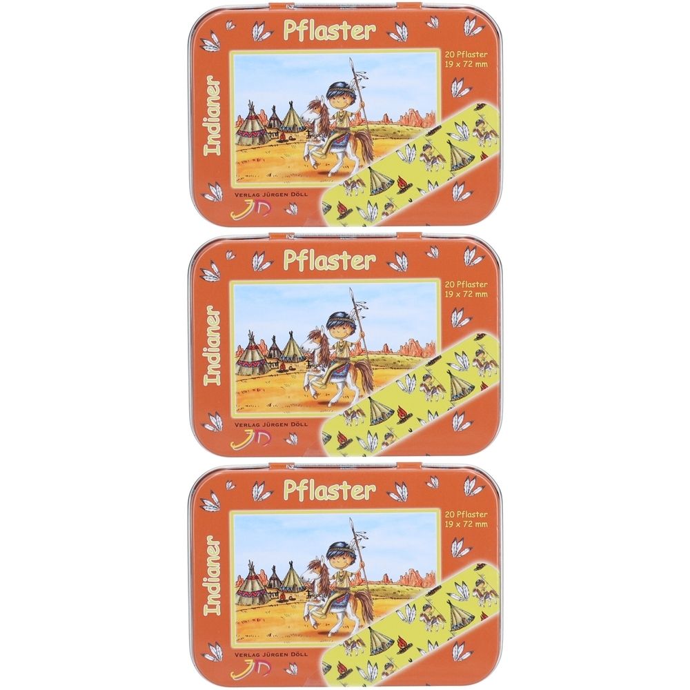 Drei orangefarbene Metalldosen mit Pflastern. Jede Dose zeigt ein Indianer-Motiv und enthält 20 Pflaster. Aufschrift: Pflaster, Indianer.