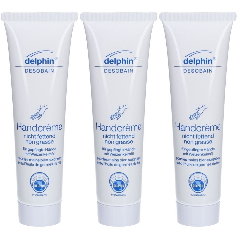 Drei Tuben Handcrème, weiß mit blauer Schrift. Aufschrift: Delphin Desobain, Handcrème nicht fettend. Mit Hand-Symbol.
