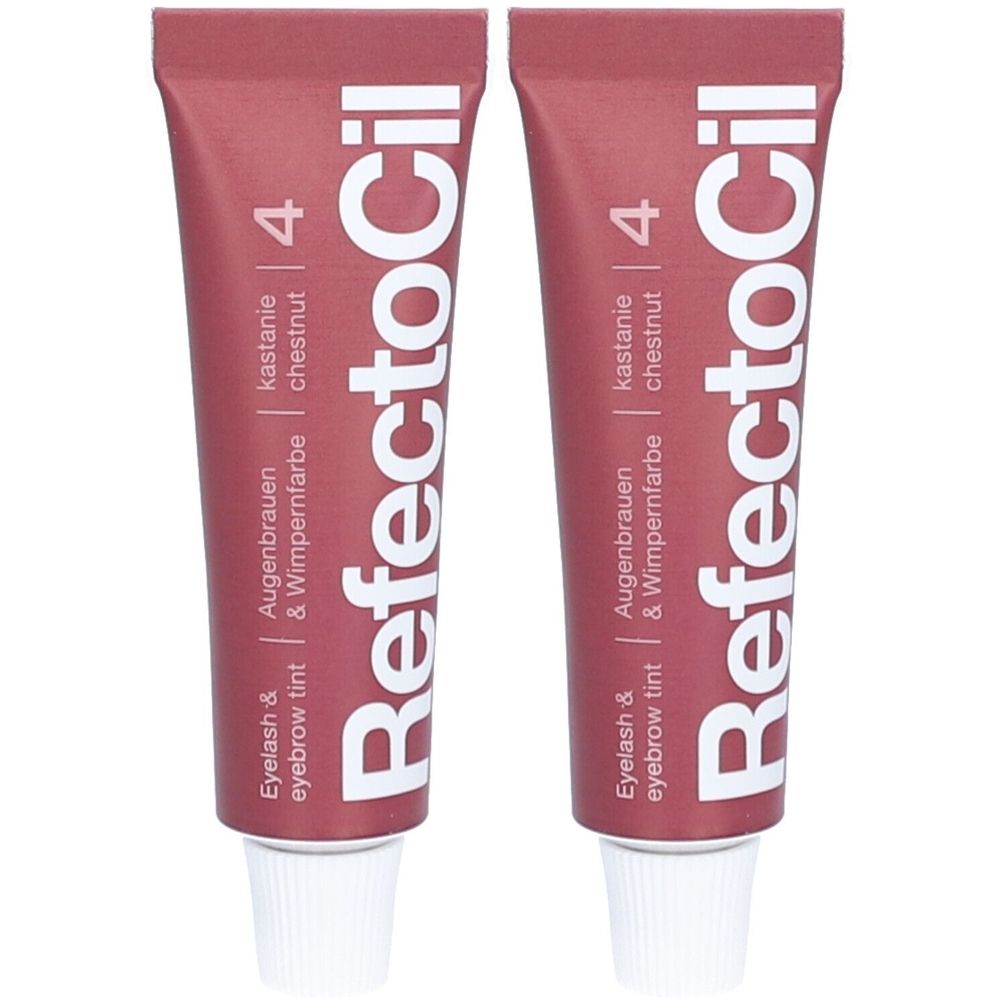 Zwei Tuben RefectoCil Wimpernfarbe Nr. 4 kastanie. Aufschrift: Augenbrauen & Wimpernfarbe, Eyelash & eyebrow tint.