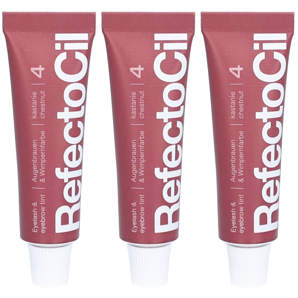 Drei Tuben RefectoCil Wimpernfarbe Nr. 4 kastanie. Auf jeder Tube steht: Augenbrauen & Wimpernfarbe, Eyelash & eyebrow tint.