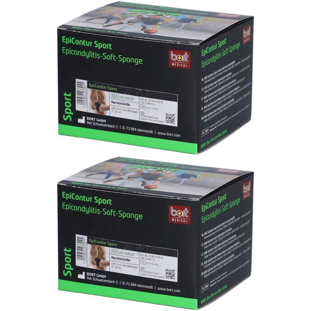 Deux emballages de BORT EpiContur® Sport pour attelle souple épicondylite.