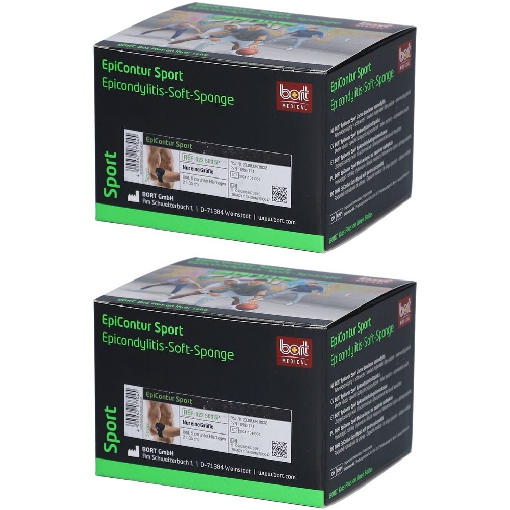 Deux boîtes noires avec des accents verts. Inscription : EpiContur Sport, Epicondylitis-Soft-Spange. Marque : bort MEDICAL.