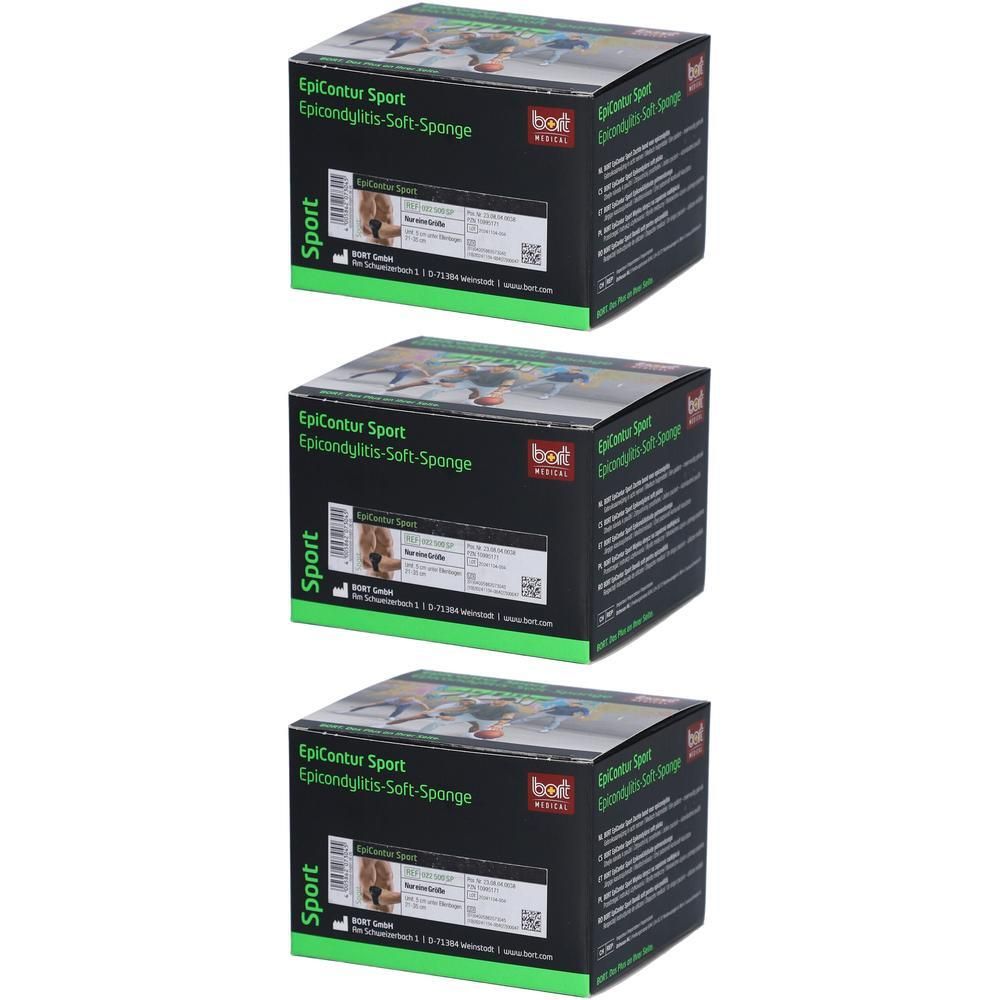 Trois boîtes BORT EpiContur® Sport Epicondylitis-Soft-Sponge, empilées les unes sur les autres.
