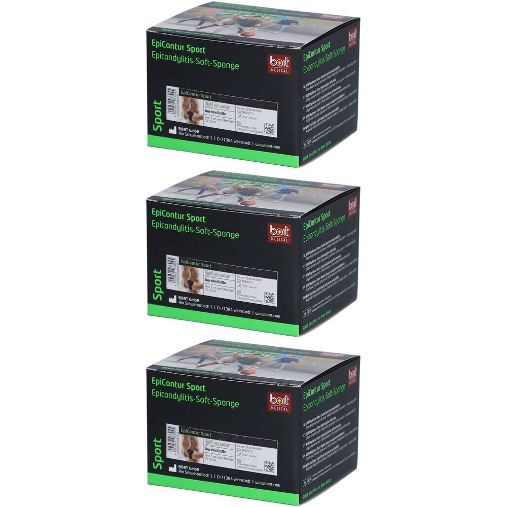 Trois boîtes noires avec des accents verts. Inscription : EpiContur Sport, Epicondylitis-Soft-Sponge. Marque : bort medical.